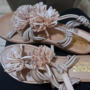 MARCS Women's Beige Sandals with Pom Pom Accents